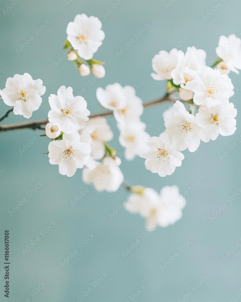 Tranquil Cherry Blossom Branch Against Soft Teal Background in Gentle Light