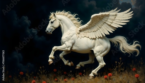 A breathtaking white pegasus with wings is portrayed on a black canvas, representing beauty and mythical grace
