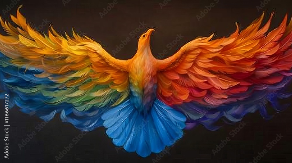 Obraz premium A vibrant and colorful bird with magnificent wings spread wide, displaying shades of red, orange, yellow, green, blue, and purple against a dark background.