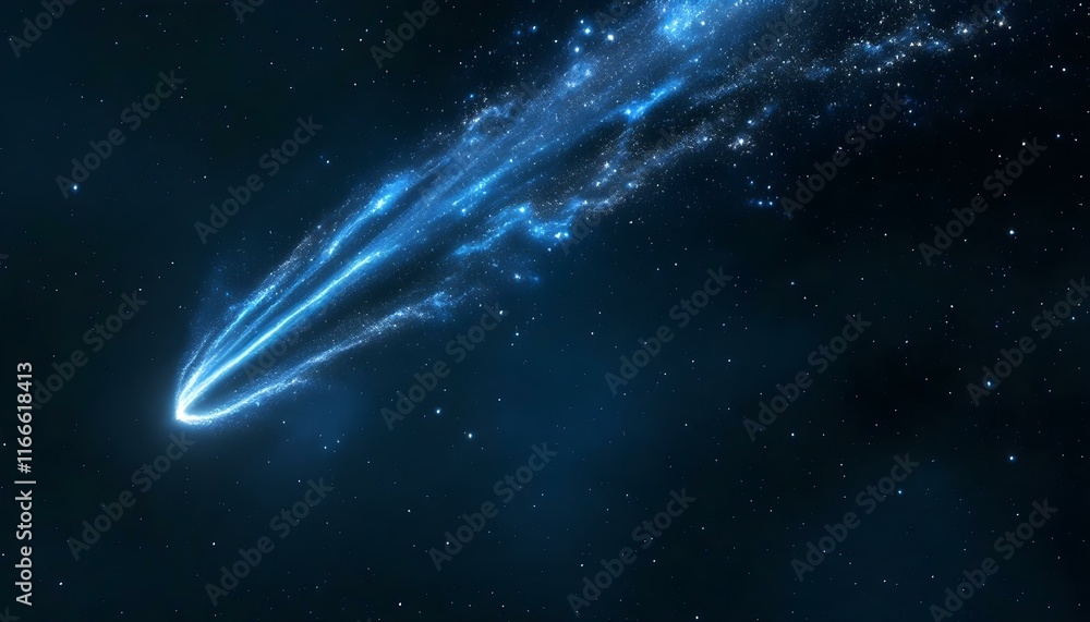 Fototapeta premium A comet shines brightly in space, with a vivid light and a smoky tail illuminating the darkness