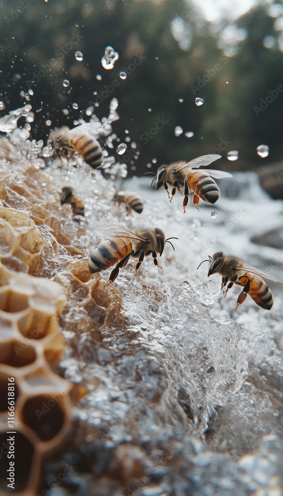 Bees flying around a honeycomb with water splashing in a natural setting. Bees flying around a honeycomb with water splashing in a natural setting.