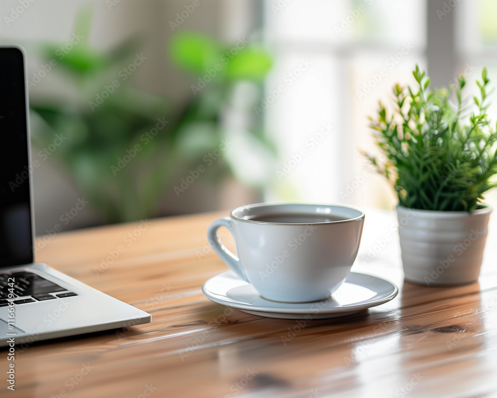 Cozy Workspace with Coffee Cup and Laptop on Wooden Desk, Ideal for Remote Work Cozy Workspace with Coffee Cup and Laptop on Wooden Desk, Ideal for Remote Work