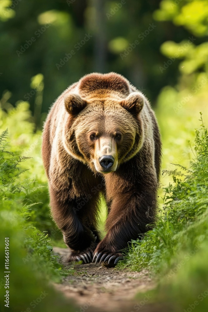 A brown bear walking along a path in a lush green forest.