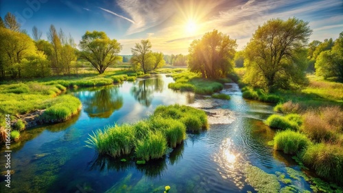 Wetland Spring Flow: Candid Photography of Nature's Beauty, Pristine Ecosystem, Vivid Colors, Lush Greenery, Serene Waterscape, Dynamic Water Flow