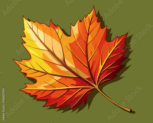 A single autumn leaf in shades of orange and red, resting against a muted olive green backdrop.