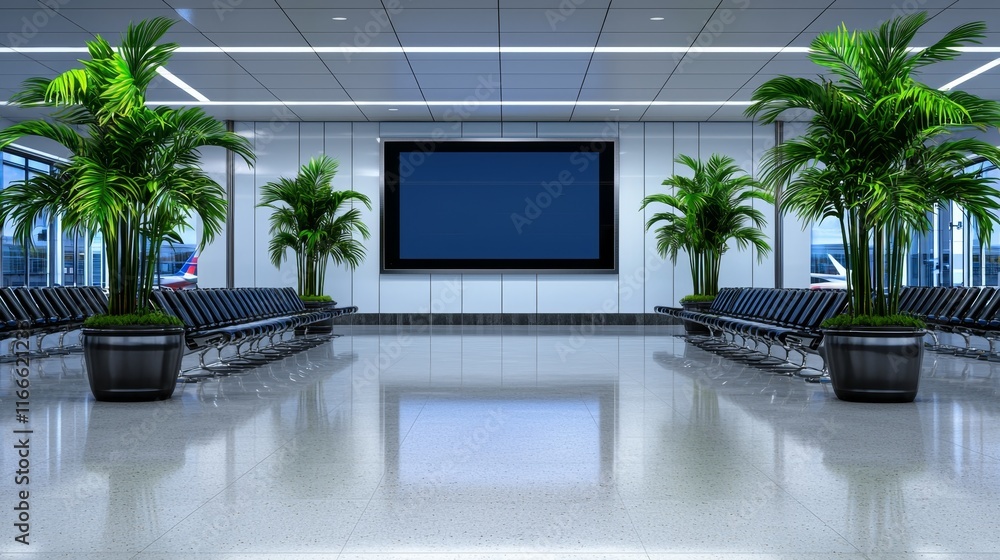 Fototapeta premium Modern Airport Terminal Interior with Digital Screen and Lush Greenery in Waiting Area