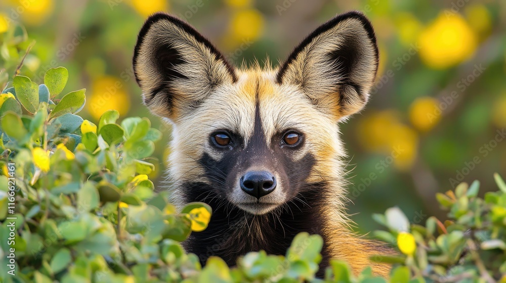 A close-up portrait of a unique animal peeking through foliage with yellow flowers. A close-up portrait of a unique animal peeking through foliage with yellow flowers.