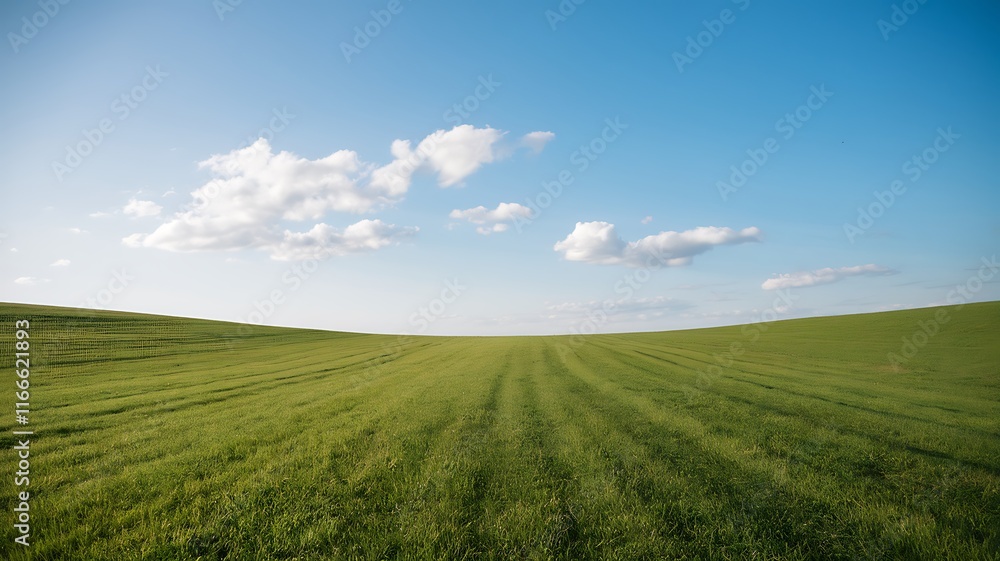 Vast Green Field Under a Bright Clear Blue Sky with Scattered Fluffy Clouds Vast Green Field Under a Bright Clear Blue Sky with Scattered Fluffy Clouds