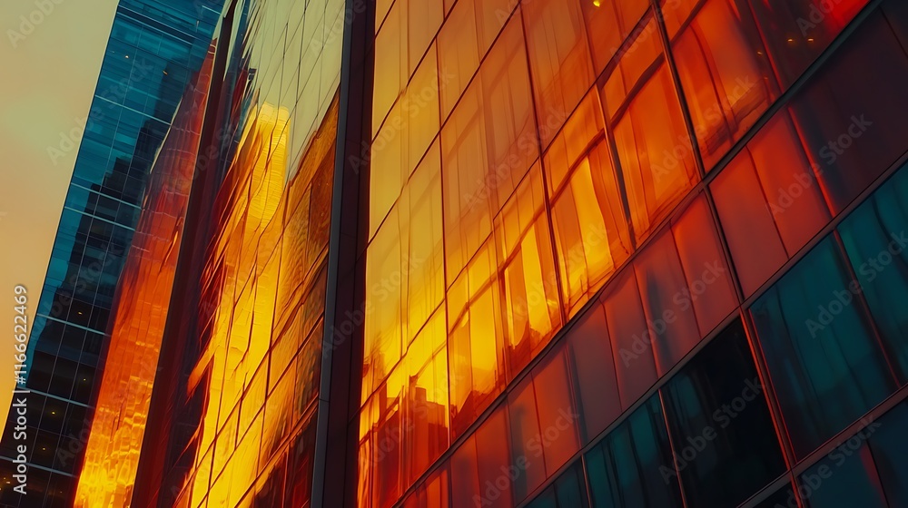 Sunset reflecting on modern glass skyscraper facade. Sunset reflecting on modern glass skyscraper facade.