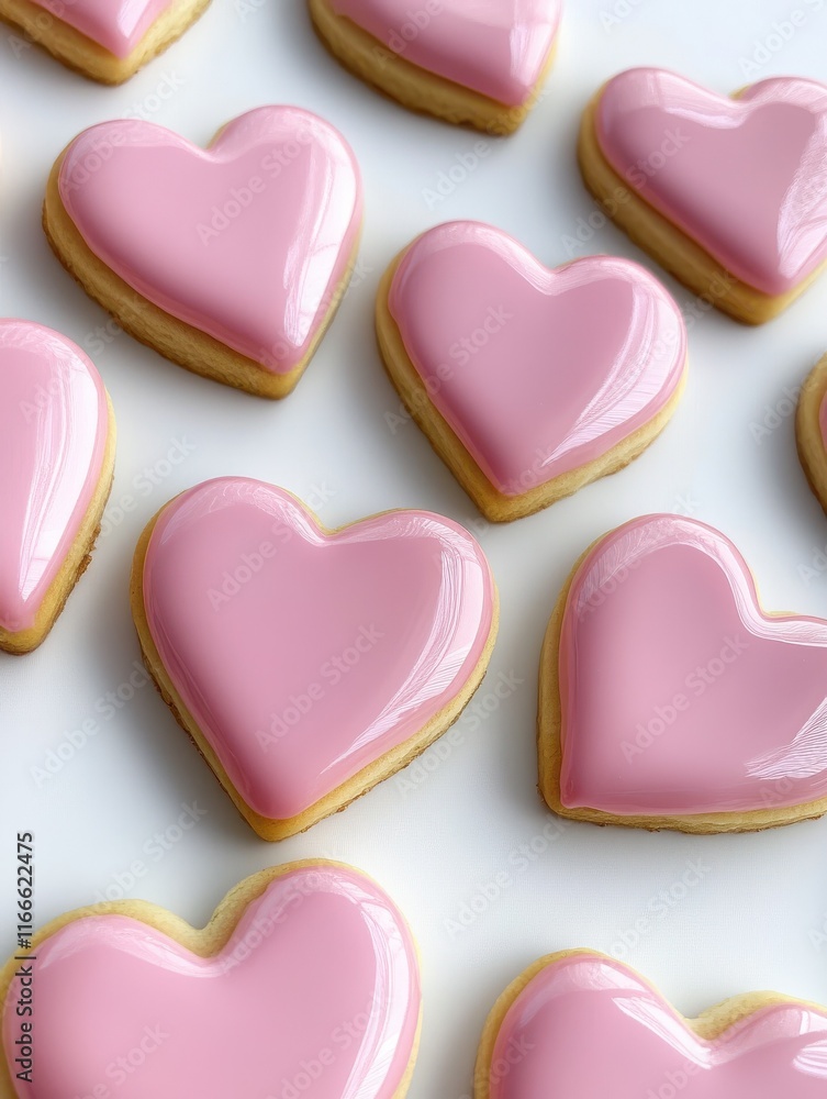 A group of pink heart shaped cookies A group of pink heart shaped cookies
