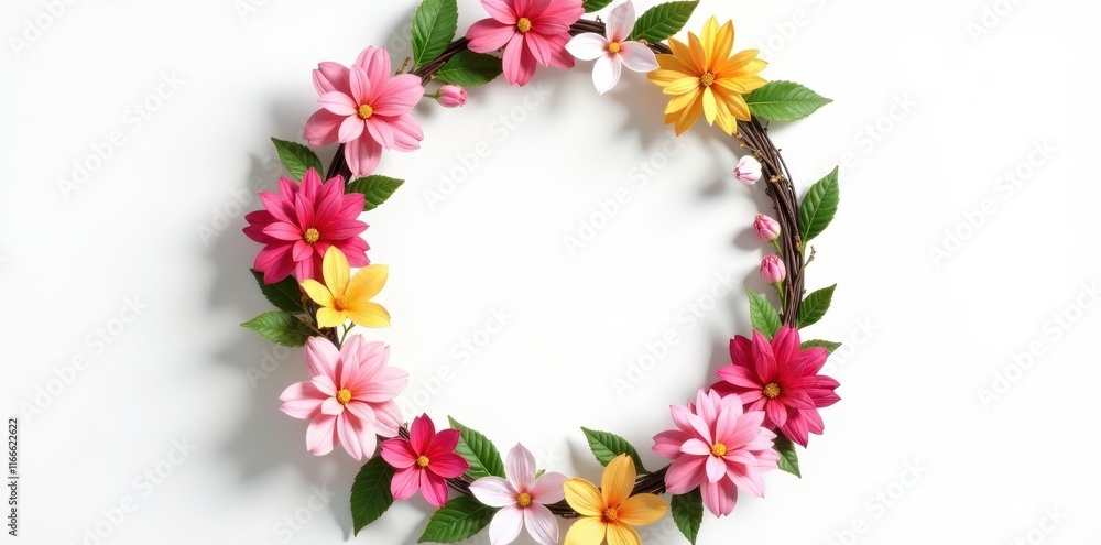 Obraz premium Vibrant floral wreath with bunny ears, round frame, egg, colorful, round