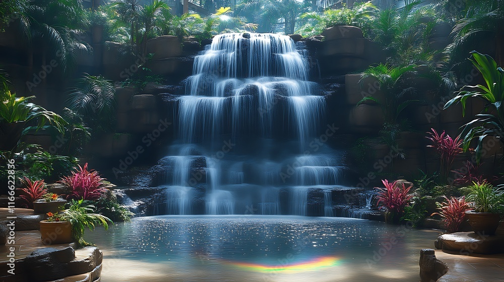 Serene indoor waterfall with rainbow reflection. Serene indoor waterfall with rainbow reflection.