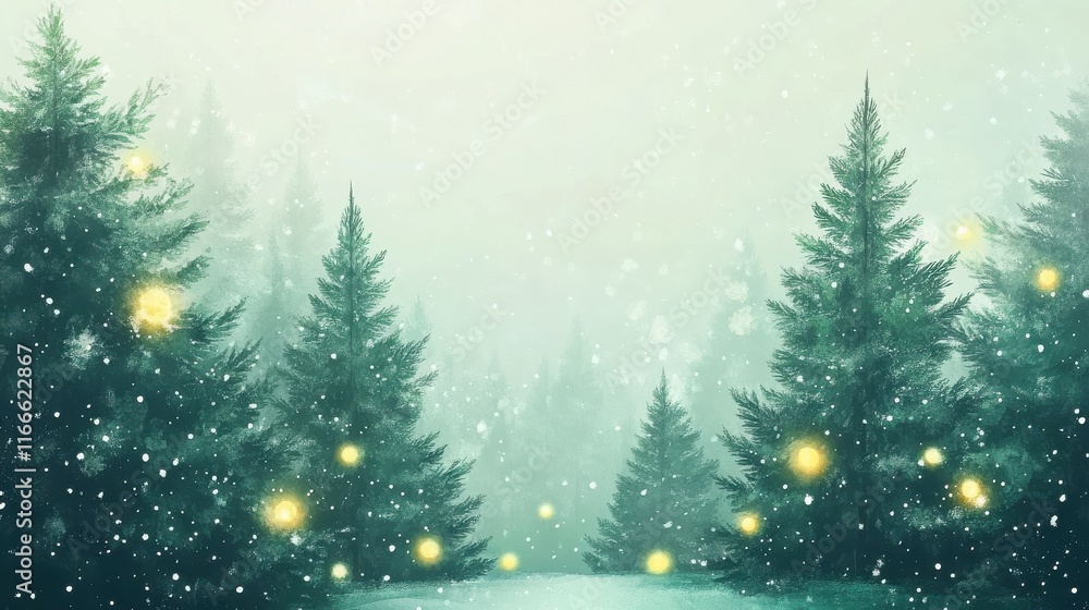 Obraz premium Magical forest with christmas trees and glowing lights christmas card style watercolor abstract artistic winter wonderland nature green woodland holiday background backdrop wallpaper with copy space.