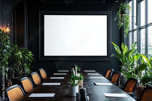 Blank white screen TV mockup in a stylish conference room.