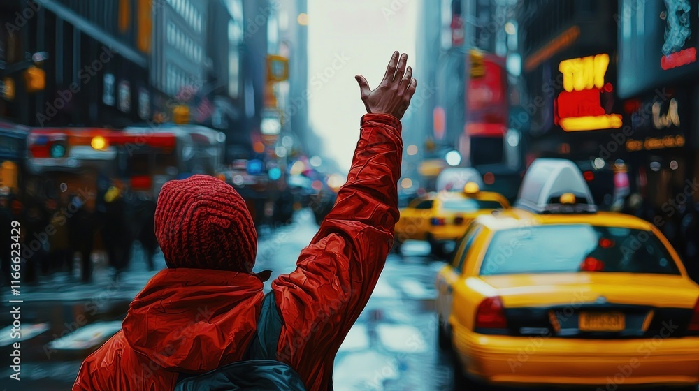 Fototapeta premium Catching a Cab in the City: A Rainy Day in New York