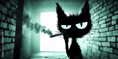 2D animation cat smoking a cigarette standing in a dark garage.