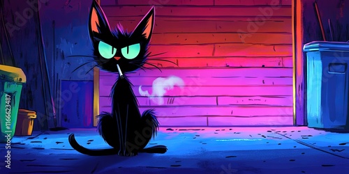 2D animation cat smoking a cigarette standing in a dark garage.