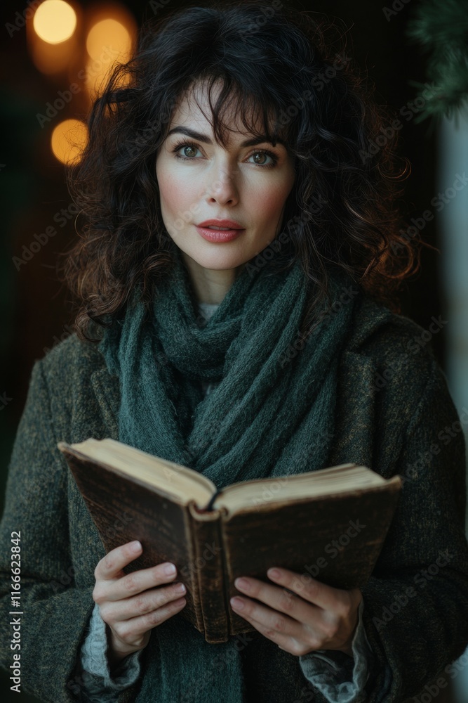 Winter Storytelling Woman Illuminated by Golden Light, Holding Leather Book Winter Storytelling Woman Illuminated by Golden Light, Holding Leather Book