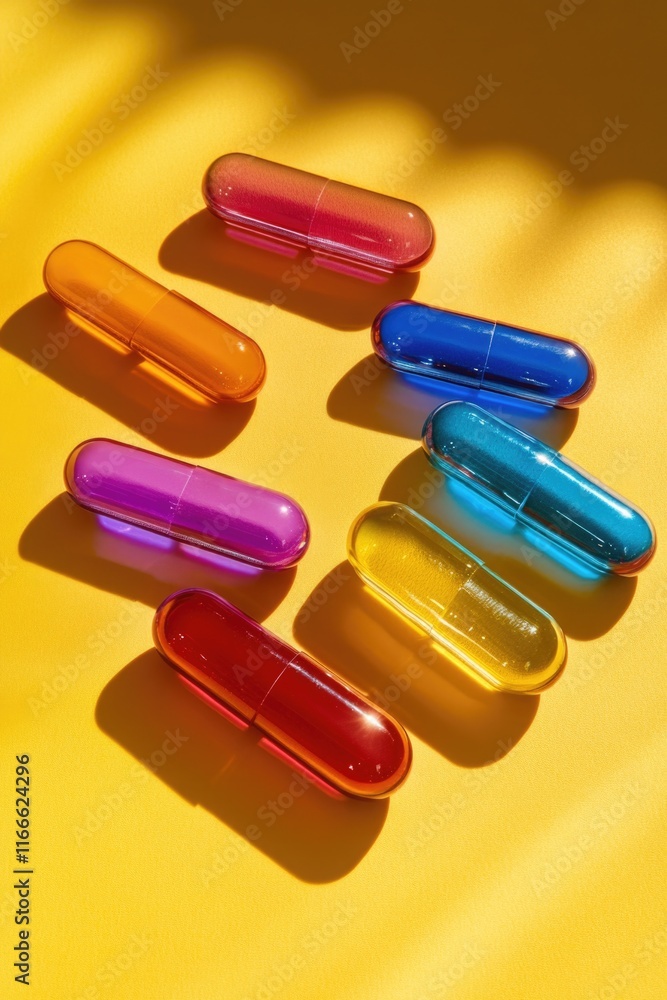 Bunch of pills on yellow surface Bunch of pills on yellow surface