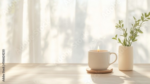 Wallpaper Mural Tranquil Winter Morning Steaming Tea and Candlelight Against Soft Curtains Torontodigital.ca