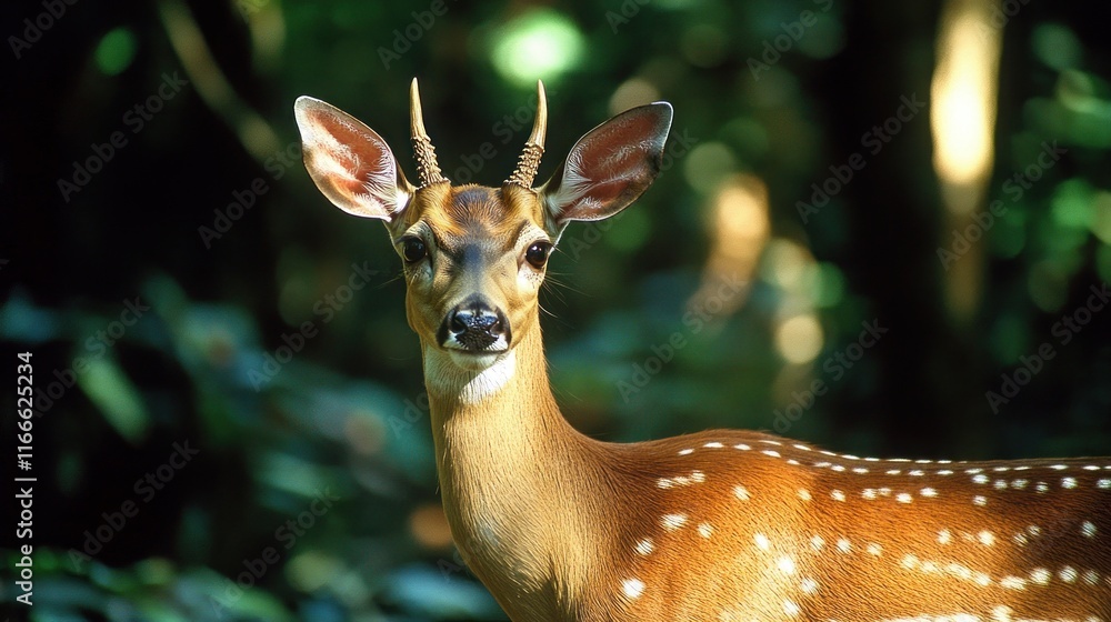 A close-up of a spotted deer in a lush forest setting. A close-up of a spotted deer in a lush forest setting.