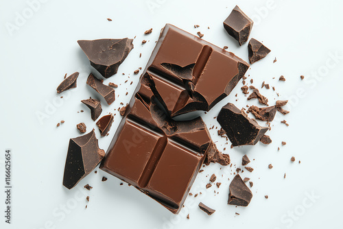 A Broken Bar of Delicious Dark Chocolate with Scattered Pieces on a Light Background: A Tempting Treat photo