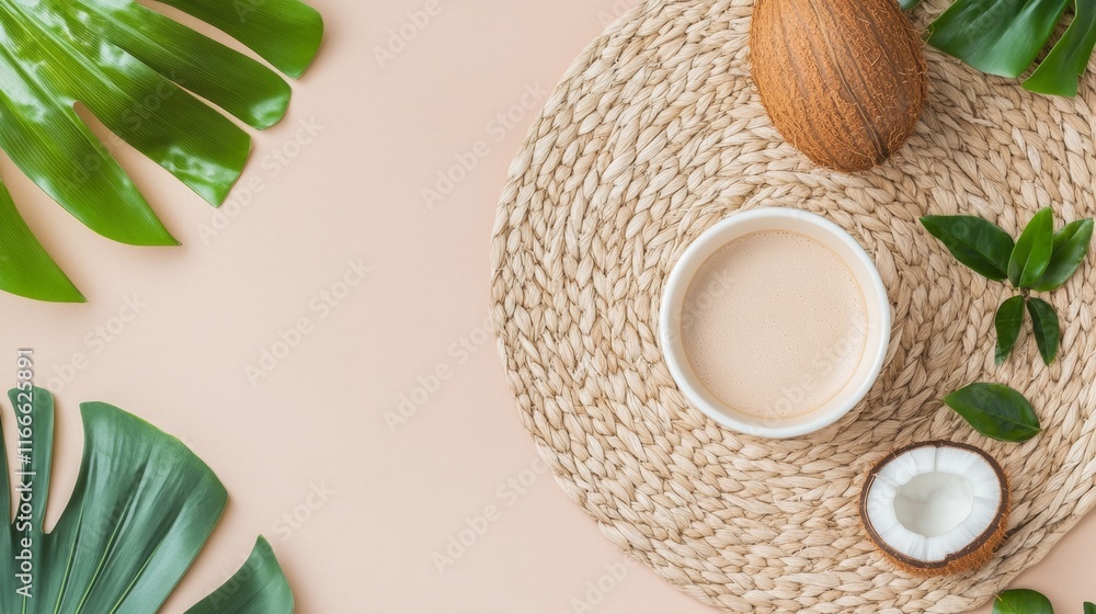 Tropical Vietnamese Coconut Coffee on Woven Mat with Natural Elements