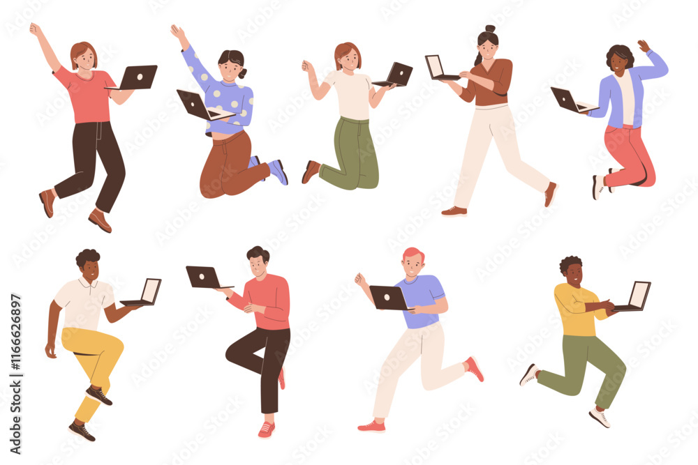 Set collection of people jumping happily while holding laptops. Illustrations for websites, landing pages, mobile apps, posters and banners. Trendy flat vector illustrations Set collection of people jumping happily while holding laptops. Illustrations for websites, landing pages, mobile apps, posters and banners. Trendy flat vector illustrations
