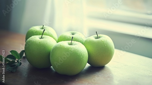 Fresh green apples on wooden surface, close-up. photo