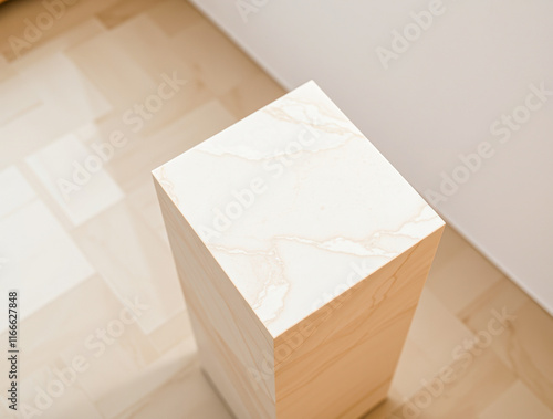 minimalist light beige marble-top wooden pedestal
