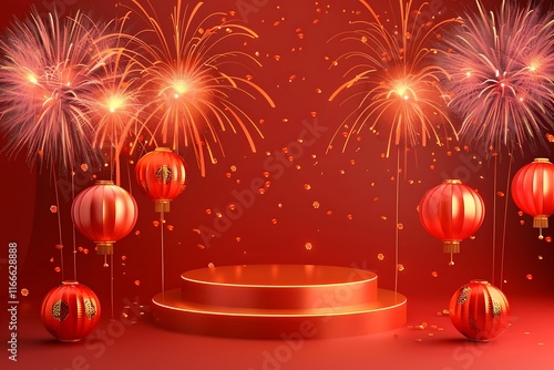 Festive Celebration with Fireworks and Lanterns on a Red Background