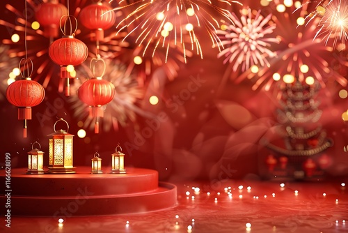 Vibrant Lanterns and Fireworks Celebrating Festive Asian Holiday