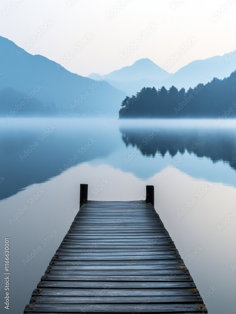 Fototapeta premium Serene Pier Extending into Foggy Lake with Pastel Sky Reflections
