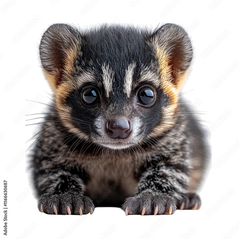A close-up of a small, adorable animal with distinctive markings. A close-up of a small, adorable animal with distinctive markings.