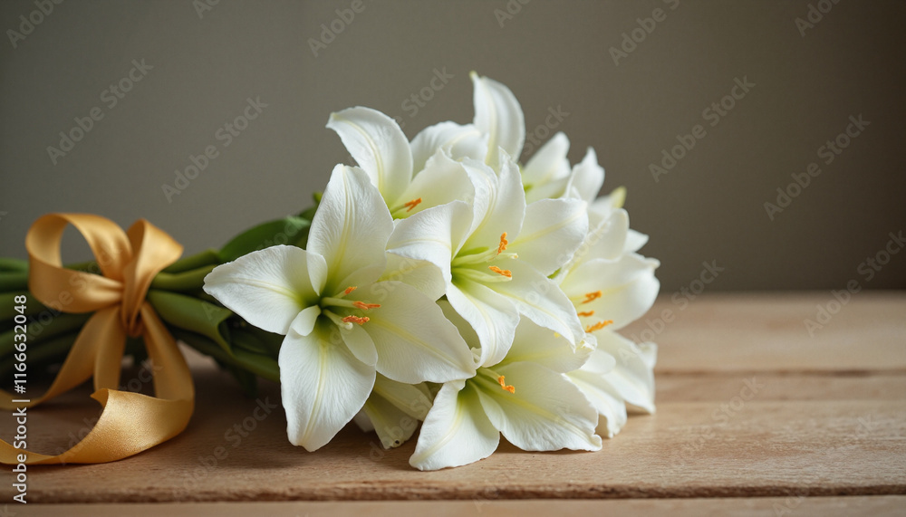 Bouquet of white lilies tied with ribbon on wooden table Bouquet of white lilies tied with ribbon on wooden table