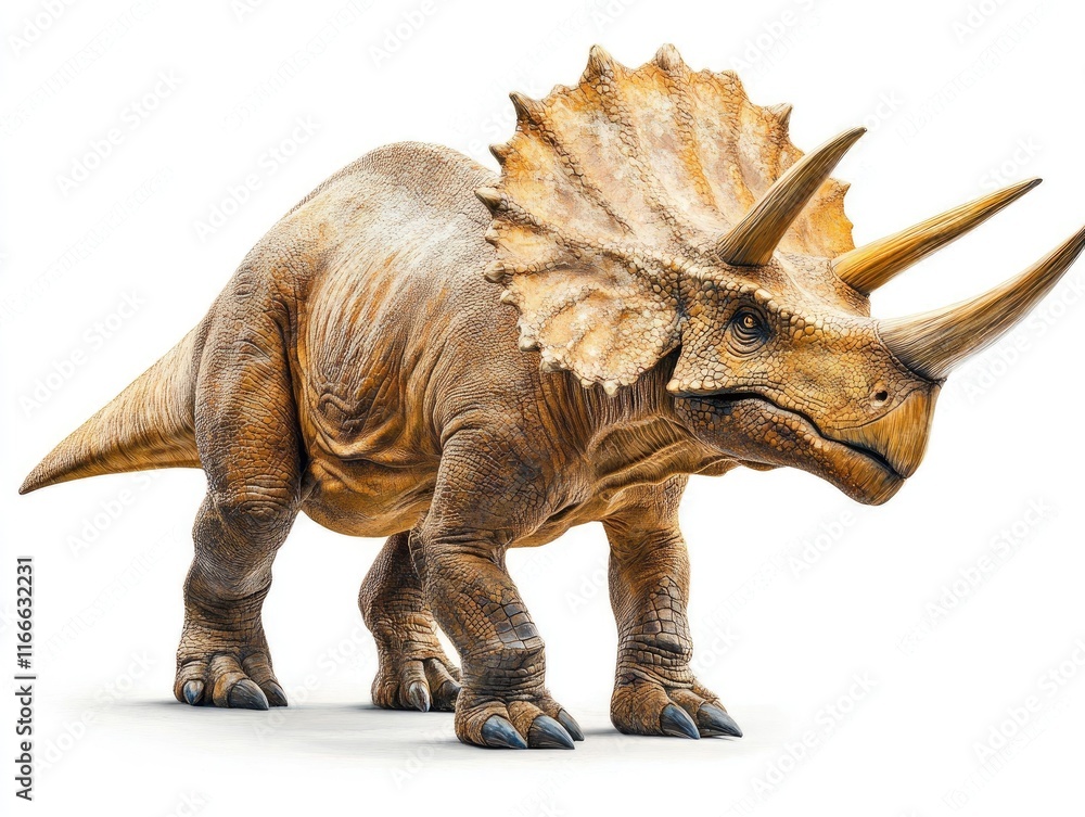Fototapeta premium A detailed illustration of a Triceratops dinosaur standing on a white background.