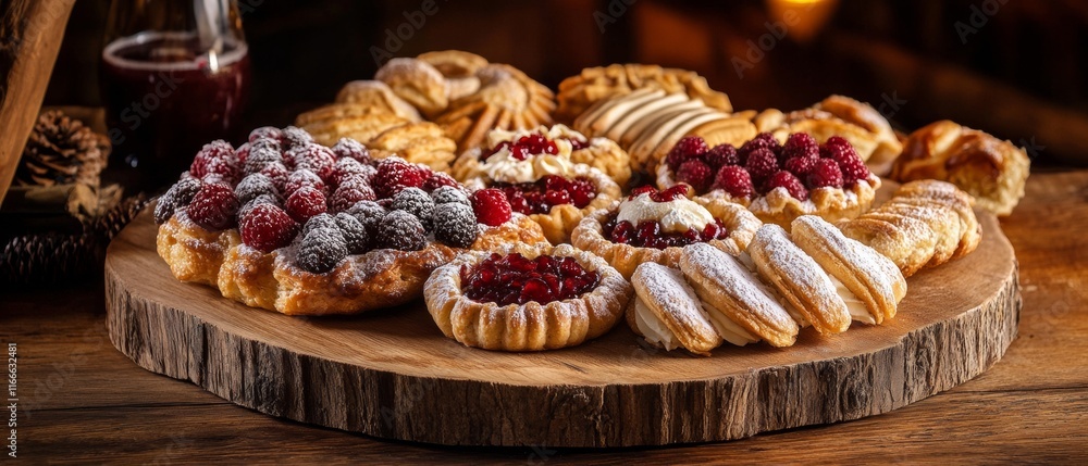 Rustic Holiday Pastries on Wooden Platter with Warm Lighting Rustic Holiday Pastries on Wooden Platter with Warm Lighting