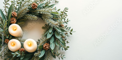 scented evergreen wreath with lit candles
