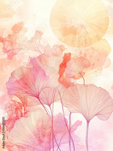 Floral and botanical line art background. Summer tone with tropical leafy , lotus flower, ginkgo leaves, branch vector. Watercolor wallpaper and circle sun for banner, prints, poster, wall art.