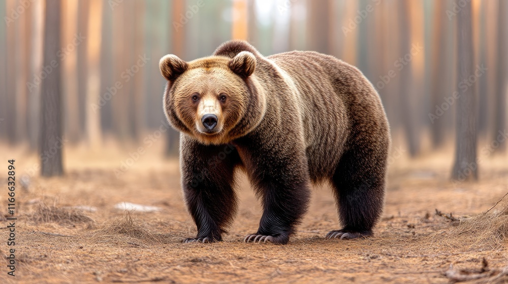 A brown bear stands in a forest, surrounded by tall trees and a misty atmosphere.