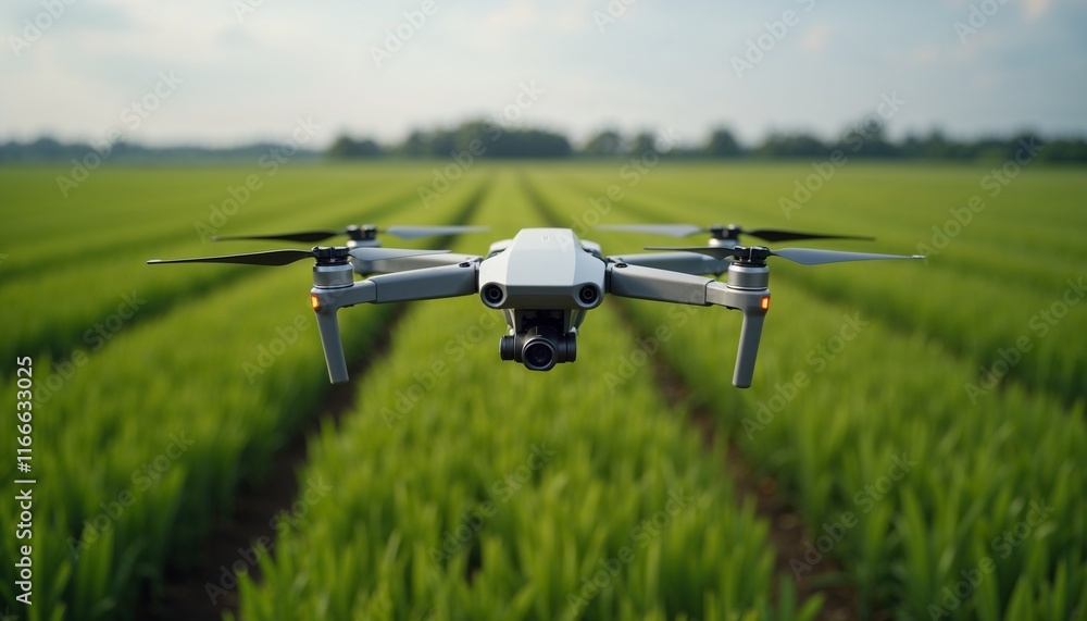 Drone flying over expansive farmland, capturing aerial crop health imagery with vibrant green fields below and operator monitoring data Drone flying over expansive farmland, capturing aerial crop health imagery with vibrant green fields below and operator monitoring data