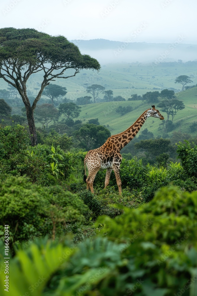 Fototapeta premium A serene landscape featuring a giraffe amidst lush greenery and distant hills.