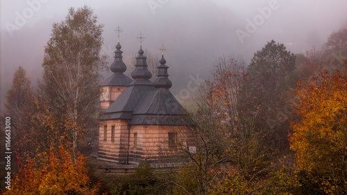 Fototapeta Naklejka Na Ścianę i Meble -  Breathtaking Drone Perspective of Wooden Orthodox Church in Carpathian Mountain