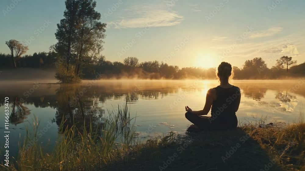 A serene scene of a woman meditating by a tranquil lake at sunrise. The golden sunlight filters through the trees, reflecting on the calm water, creating a peaceful and inspiring moment in nature. A serene scene of a woman meditating by a tranquil lake at sunrise. The golden sunlight filters through the trees, reflecting on the calm water, creating a peaceful and inspiring moment in nature.