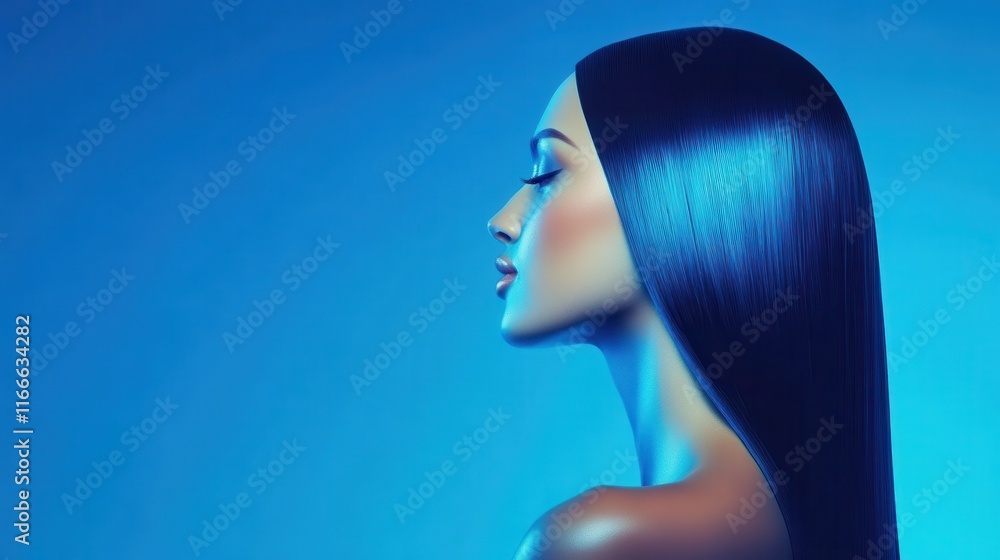 Fototapeta premium Stunning Profile Portrait of a Woman with Vivid Blue Light