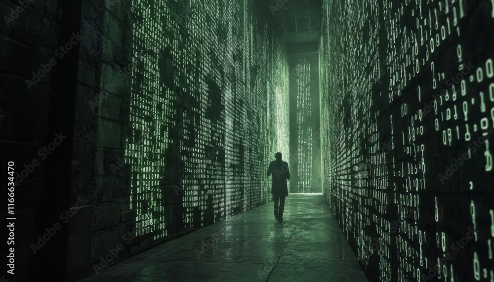Person walks through a digital tunnel of glowing binary code. Person walks through a digital tunnel of glowing binary code.