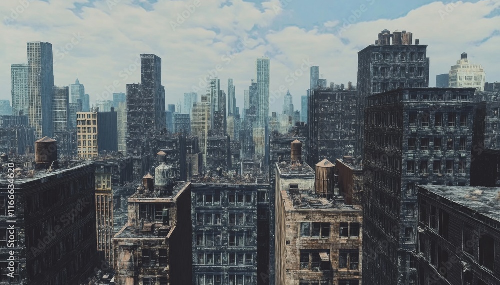 Post-apocalyptic cityscape; ruined buildings, hazy sky. Post-apocalyptic cityscape; ruined buildings, hazy sky.