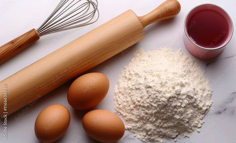 Baking Essentials with Eggs, Flour, Rolling Pin, and Whisk on Marble Surface