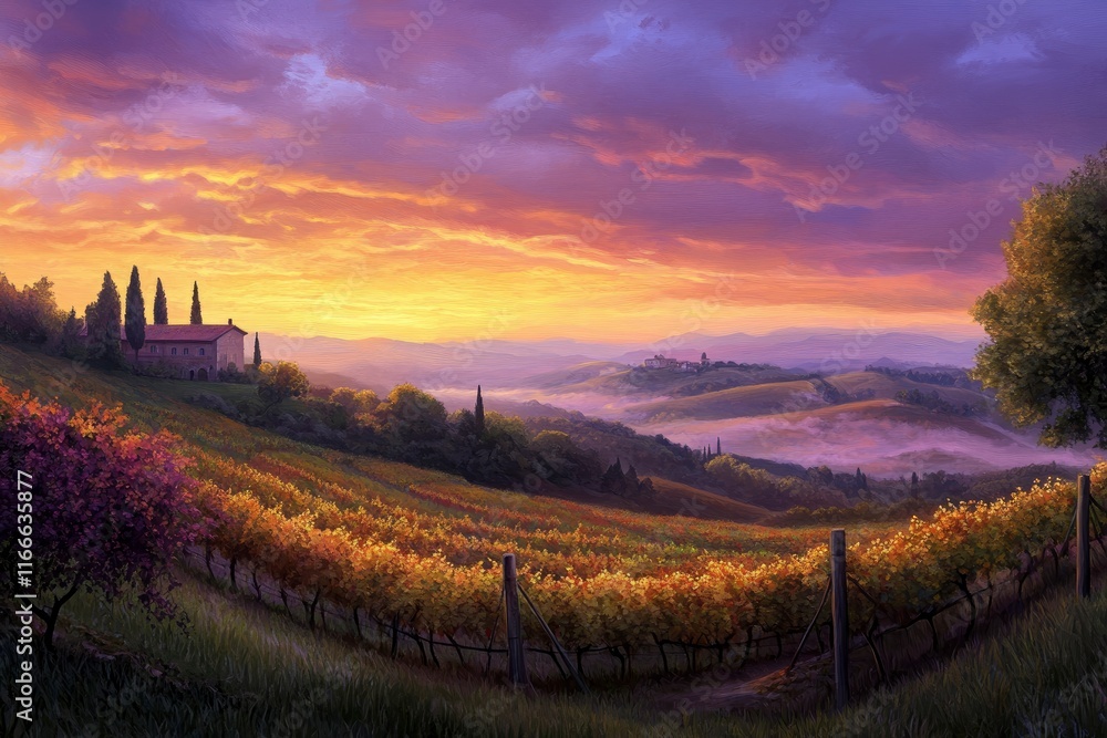 Naklejka premium A beautiful sunrise over the rolling hills of Tuscany, with mist in the valley and a colorful sky. A distant silhouette of a house on the top left hill. A vineyard at the bottom right