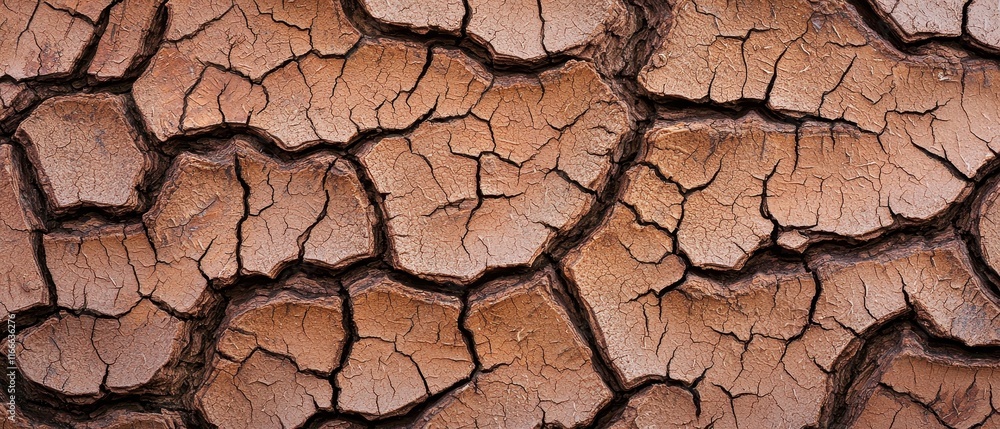 A close-up of dry, cracked earth, showcasing a textured surface that reflects drought conditions and environmental changes.